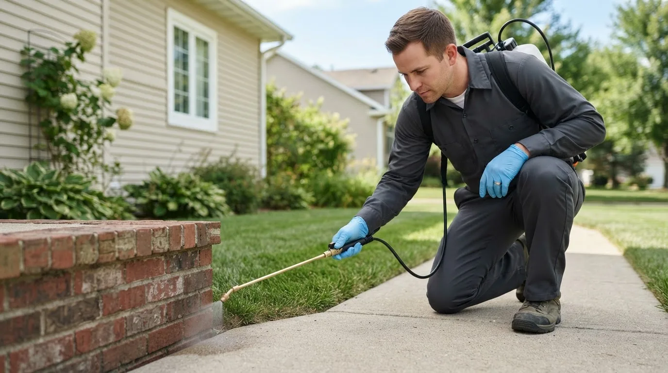Pest control technician treating a home near Adelanto, CA
