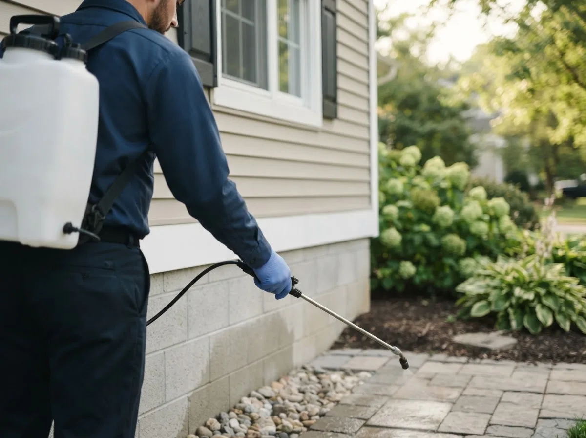 Pest control technician inspecting a home in Adelanto, CA